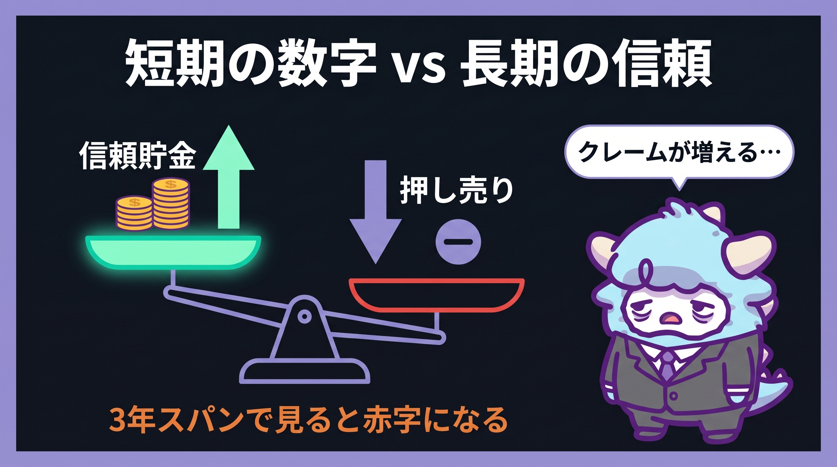 信頼貯金の概念図 — 押し売りで信頼を切り崩すと3年スパンで赤字になる